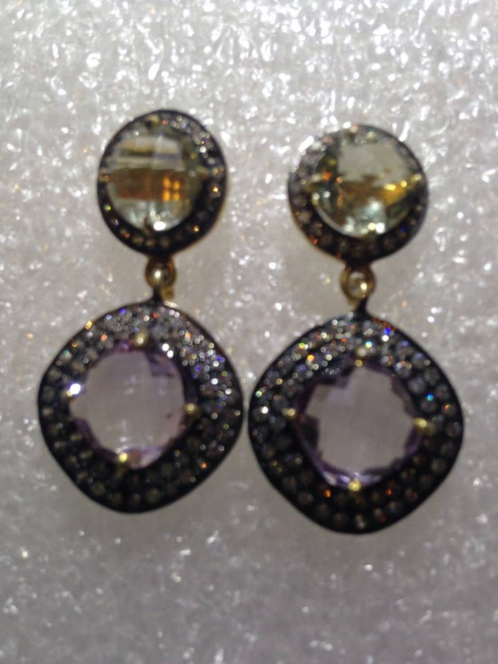 Vintage Genuine White Sapphire Mixed gemstone filigree Sterling Silver dangle earrings for wholesale by Nemesis Jewelry NYC