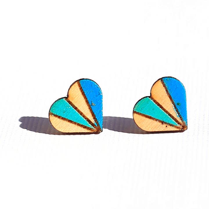 Wood Heart Stud Earrings with Stripe Pattern for wholesale by Buzzing Bird Studios, LLC