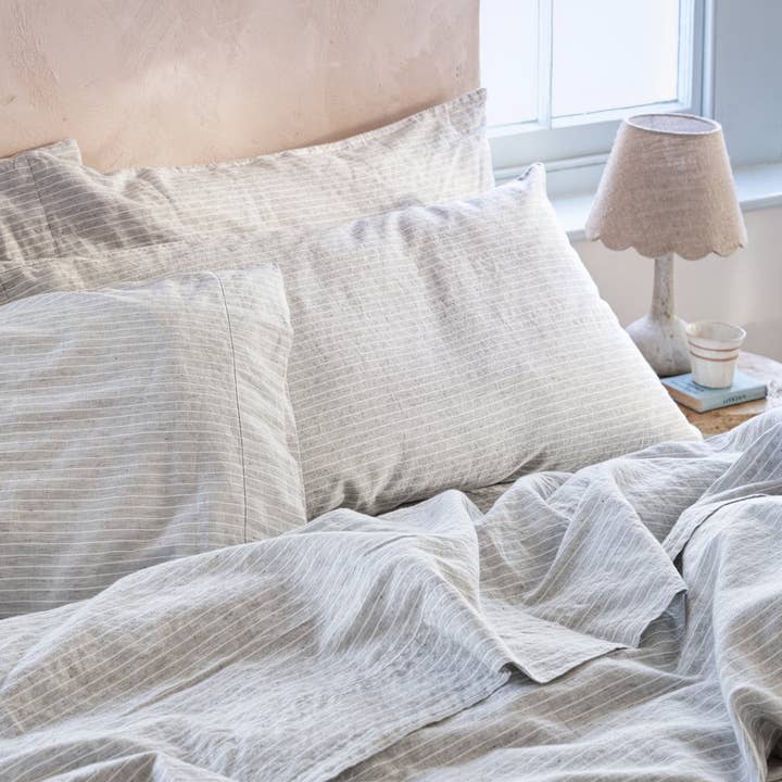 Piglet in Bed USA - Wholesale Bedding Pillowcase/Sham - Gray Mini Stripe Linen Blend Pillowcases (Pair)