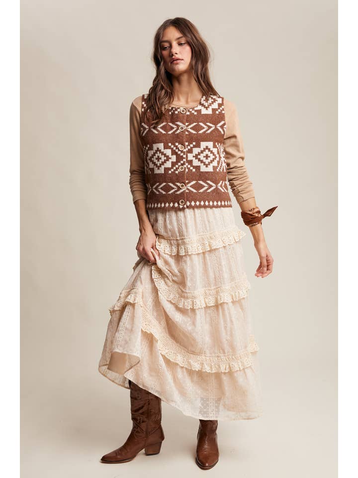 Listicle - Wholesale Sweater Vest - Women's - Southwestern Button-Up Vest LSW097732