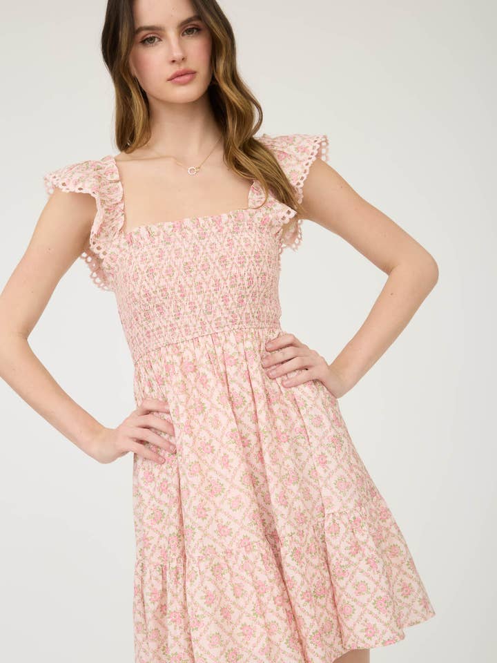 Blu Pepper – Vestido - Mulher por atacado – Vestido mini franzido com padrão de treliça floral