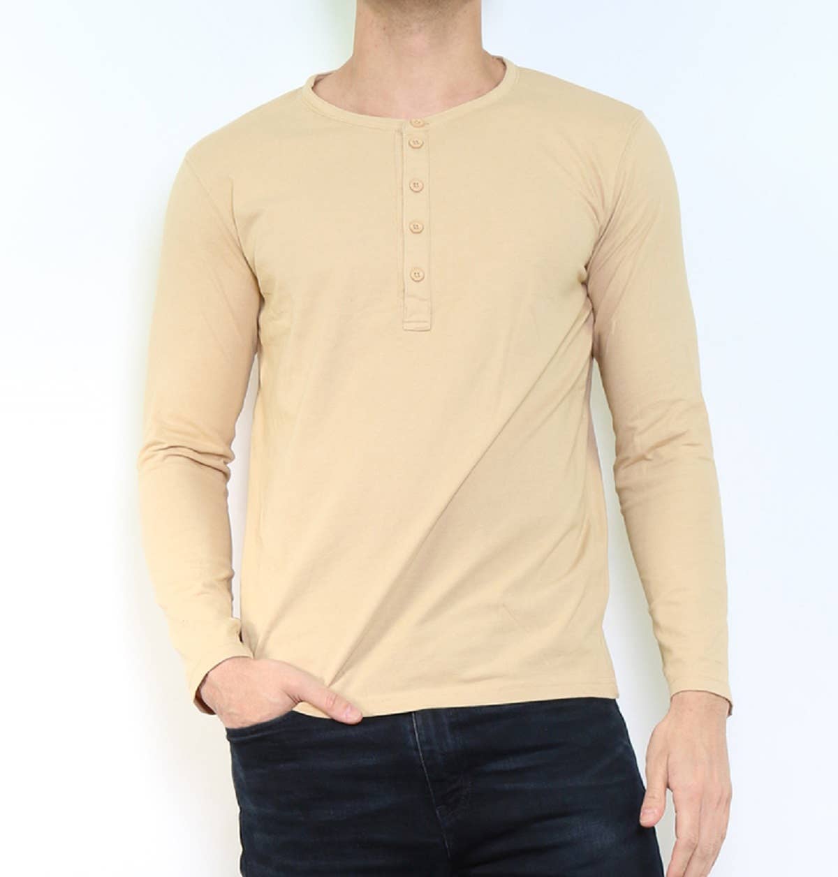 Beige T-Shirt Manches Longues Col Boutonné Kajol-Beige en vente sur Faire3