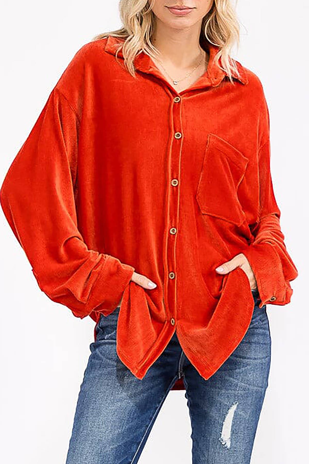 ROUSSEAU - Wholesale Button Down Shirt - Women's - OVERSIZED CORDUROY BUTTON DOWN POCKET FRONT TOP1