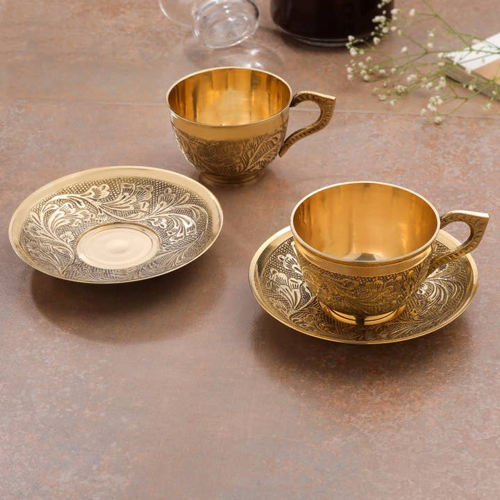 Handcrafted Brass Tea Cups with Saucers – 5 Inch | Traditional Indian Brass Drinkware, 2 Sets for wholesale by SAMA Homes
