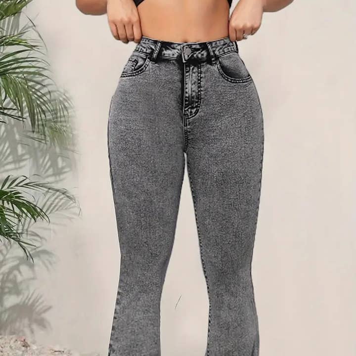 Calças de Ganga Flare Elásticas para Mulher - Cinza por atacado de Tourtiwi