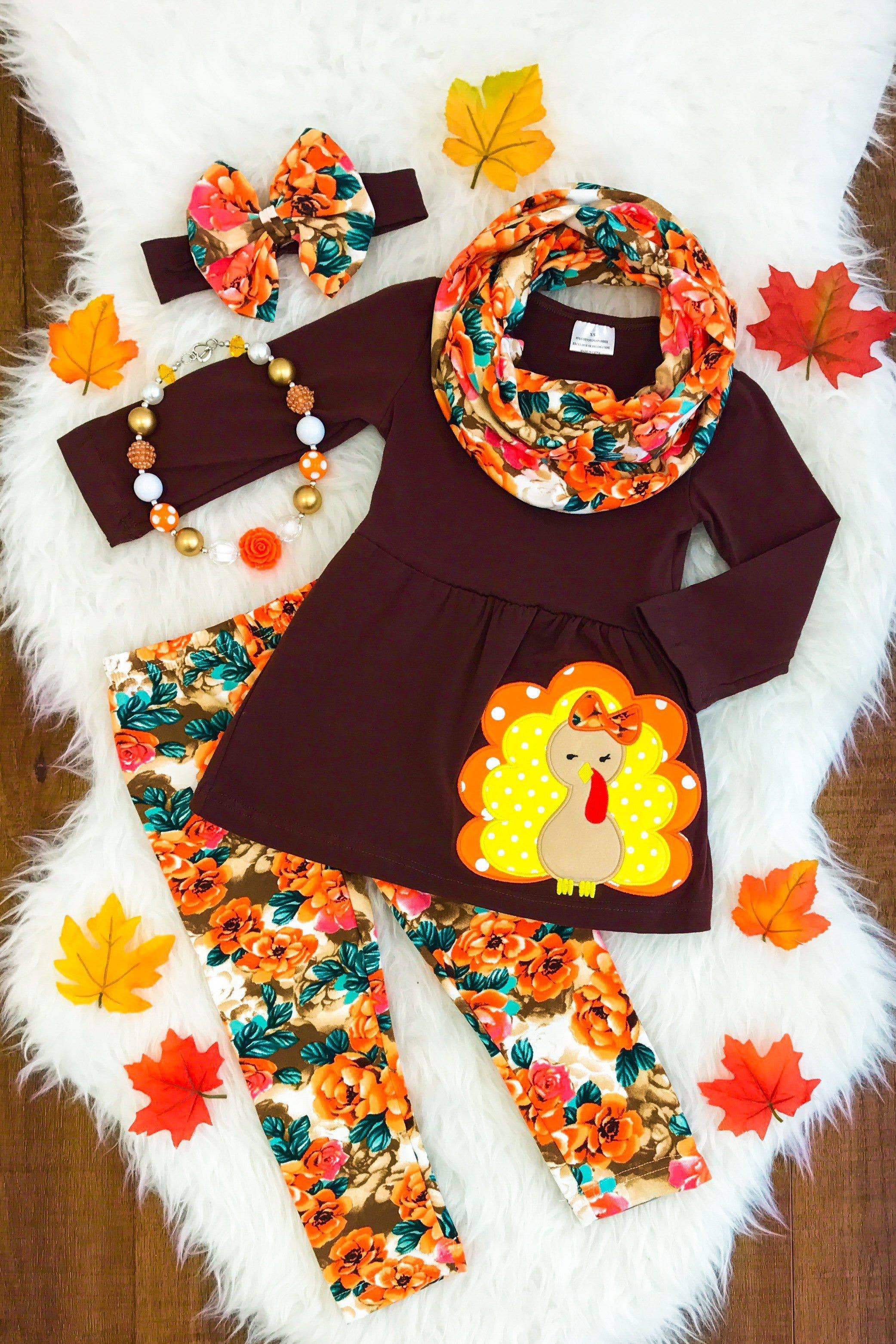 Amor Babee - Vendita all'ingrosso Completo top e pantaloncini - Bambini - Completo da sciarpa floreale per neonata, per la festa del Ringraziamento1