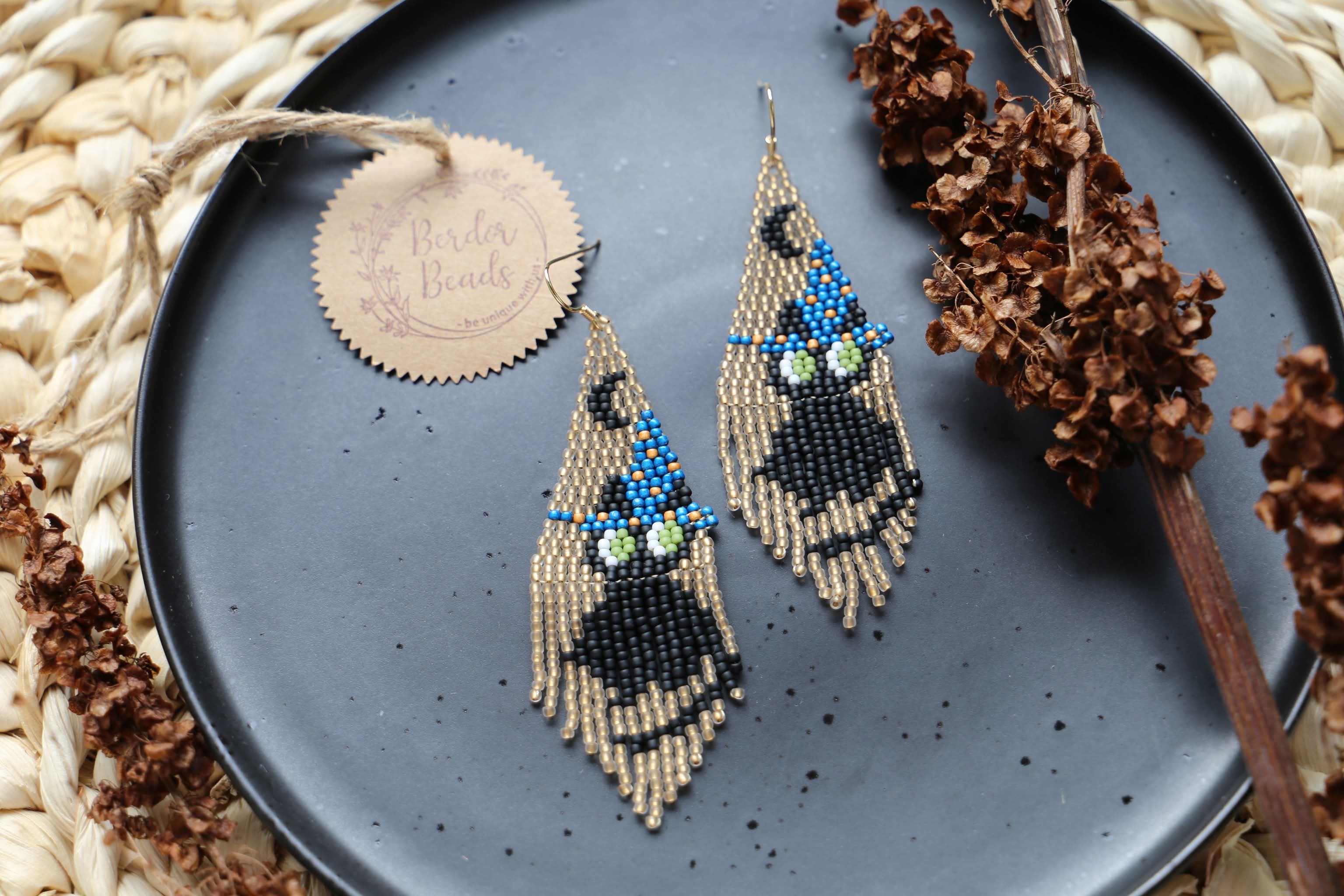 BerdorBeads - Wholesale Dangle Earrings - Witch cat-handwoven beaded fringe earrings,sparkly,halloween