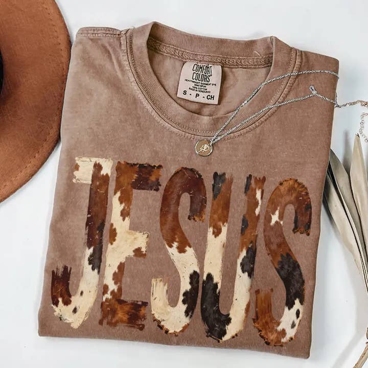 Cowhide JESUS Comfort Colors Tee for wholesale by Stitched in Honey