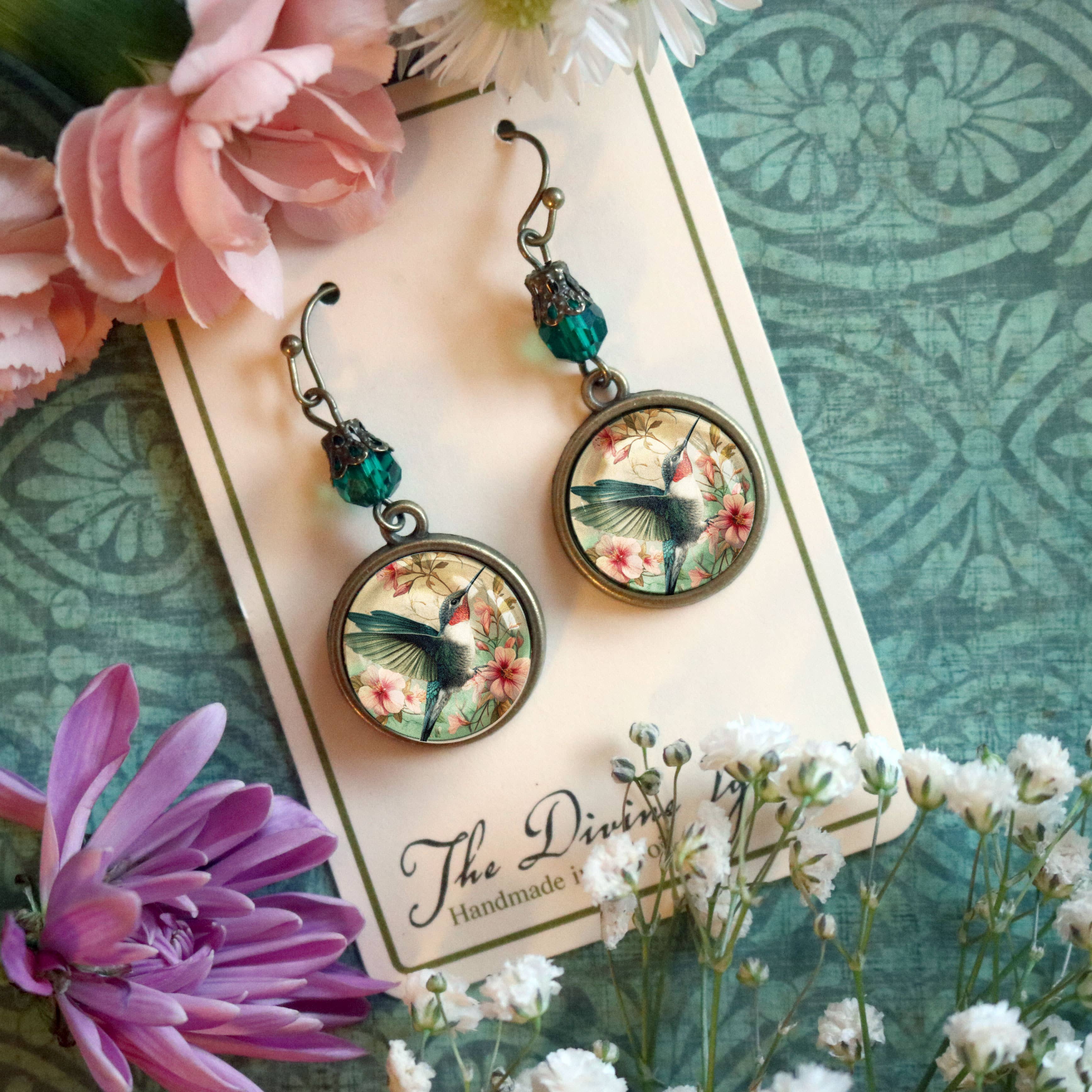 The Divine Iguana - Wholesale Dangle Earrings - Hummingbird Art Nouveau Glass Cabochon Earrings 2