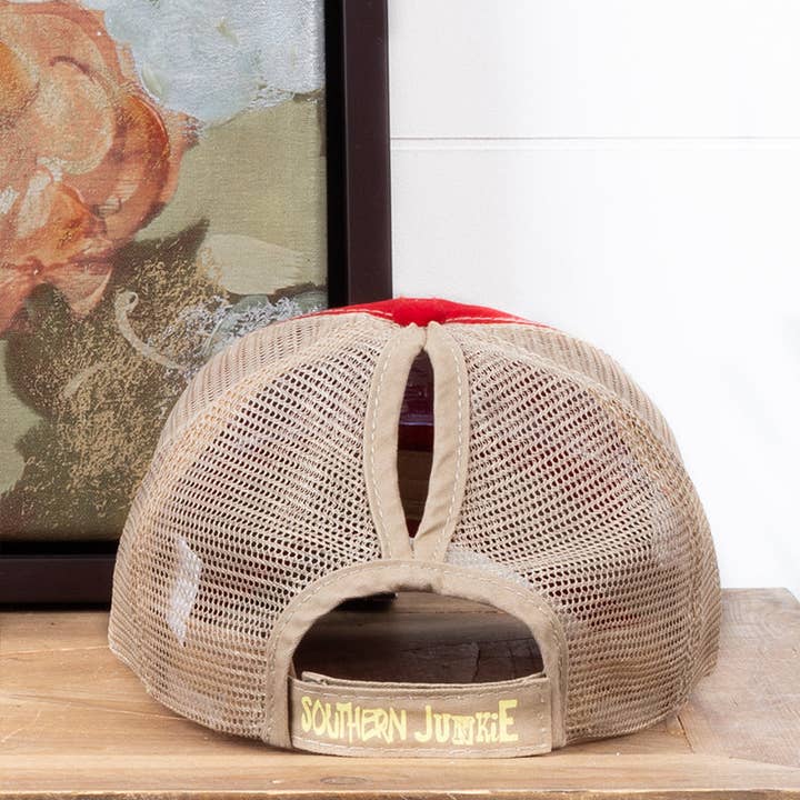 Red High Ponytail Hat with Beige Mesh for wholesale on Faire3