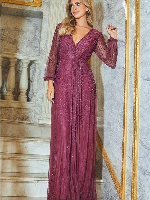 Vestido maxi con escote en V, mangas largas y cuentas Amber Berry para venta al por mayor de Aftershock London