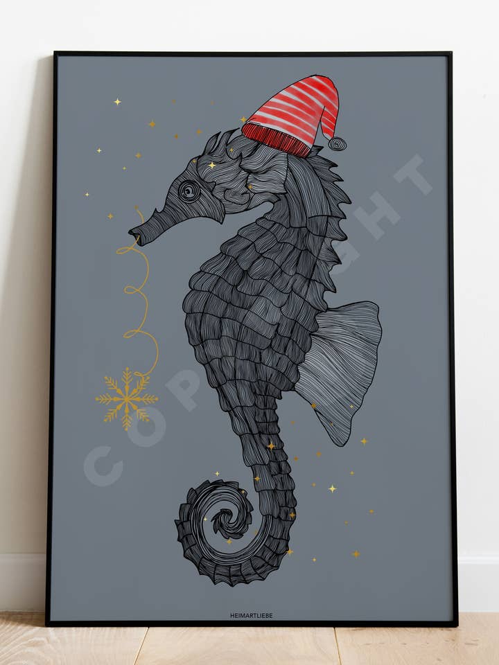 IMPRIMÉ - HIPPOCAMPE DE NOËL GRIS-BLEU pour la vente par HEIMARTLIEBE®
