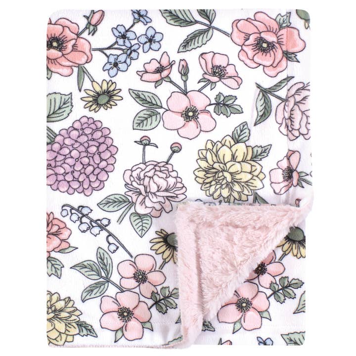 BabyVision - Wholesale Bedding Blanket - Kids & Baby - Hudson Baby Plush Vintage Blossom Blanket with Furry Binding