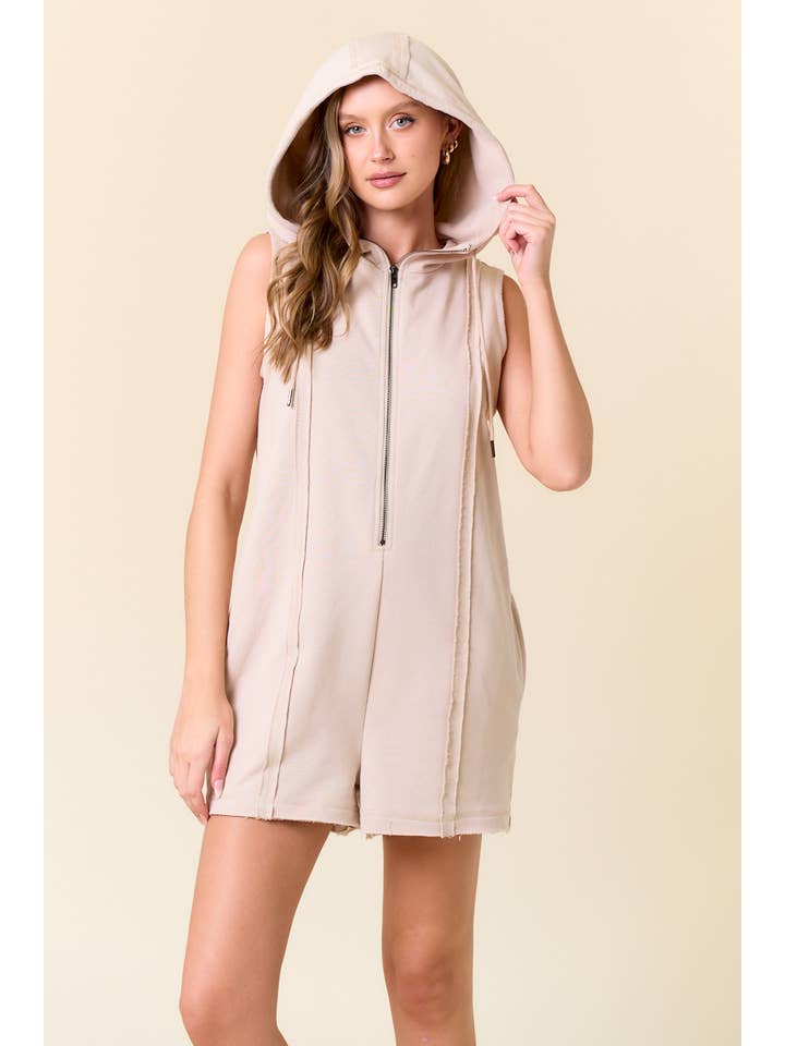 Doe and Rae - Wholesale Romper - Women's - French Terry Zip-Front Sleeveless Hooded Romper - 28002R5