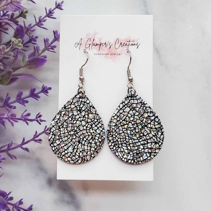A Glamper's Creations LLC - Wholesale Dangle Earrings - Silver Cracked Ice on Black Chubby Teardrop Leather Earrings