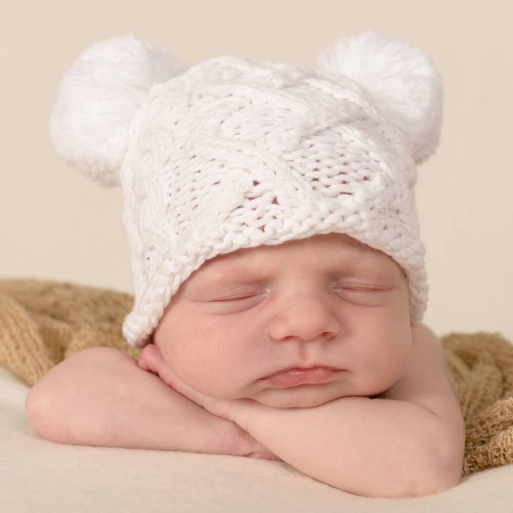 Huggalugs - Wholesale Newborn/knit hat – Baby - Newborn Baby Aran White Double Pom Pom Beanie Hat1