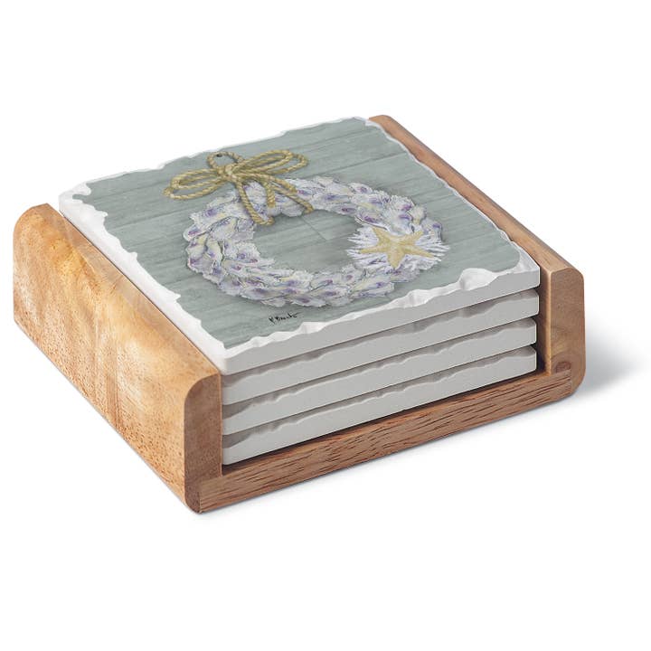 Conimar Promotions - Wholesale Coasters - Oyster Wreath 4 Pack Stone Coasters in Wooden Holder 3