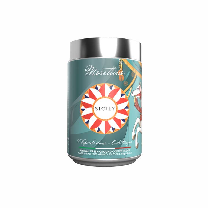 Ciao Imports - Wholesale Ground Coffee - Morettino, I Pupi Siciliani, Carlo Magno Ground Coffee in Tin (250g/8.8oz)2