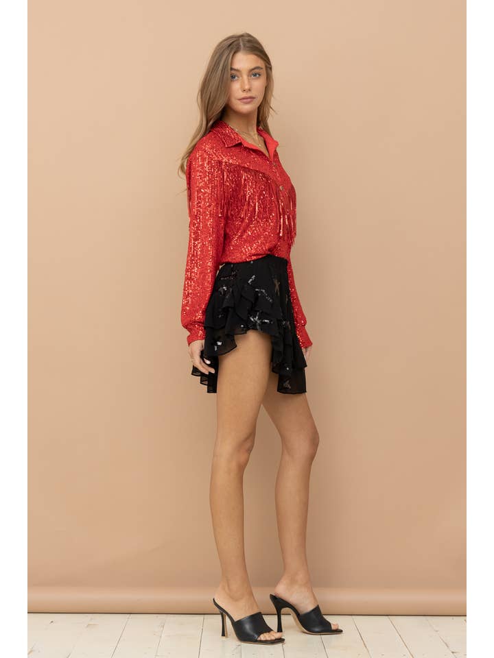 RØD 32425S - Chiffon Stjerne Paillet Print Asymmetrisk Nederdel for engroshandel på Faire13