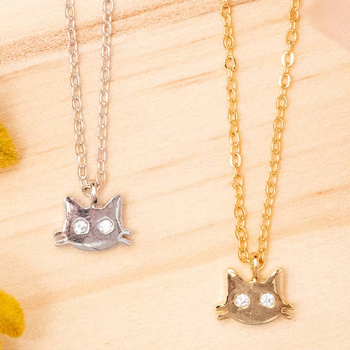 Cat Mini Face Charm Necklace Pet Animal Cubic Zirconia Gem for wholesale by Rebecca Accessories LLC