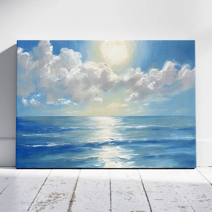 Sunlit Blue Ocean with Clouds - Framed Canvas Wall Art Print for wholesale by House Prints