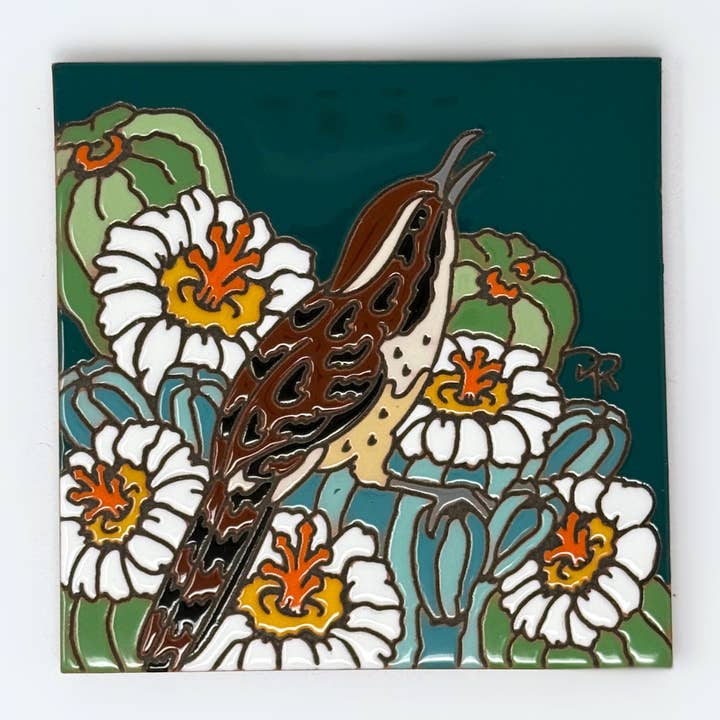 Desert Wren with Cactus Blooms Tile (8965A) for wholesale by Earthtones Tile
