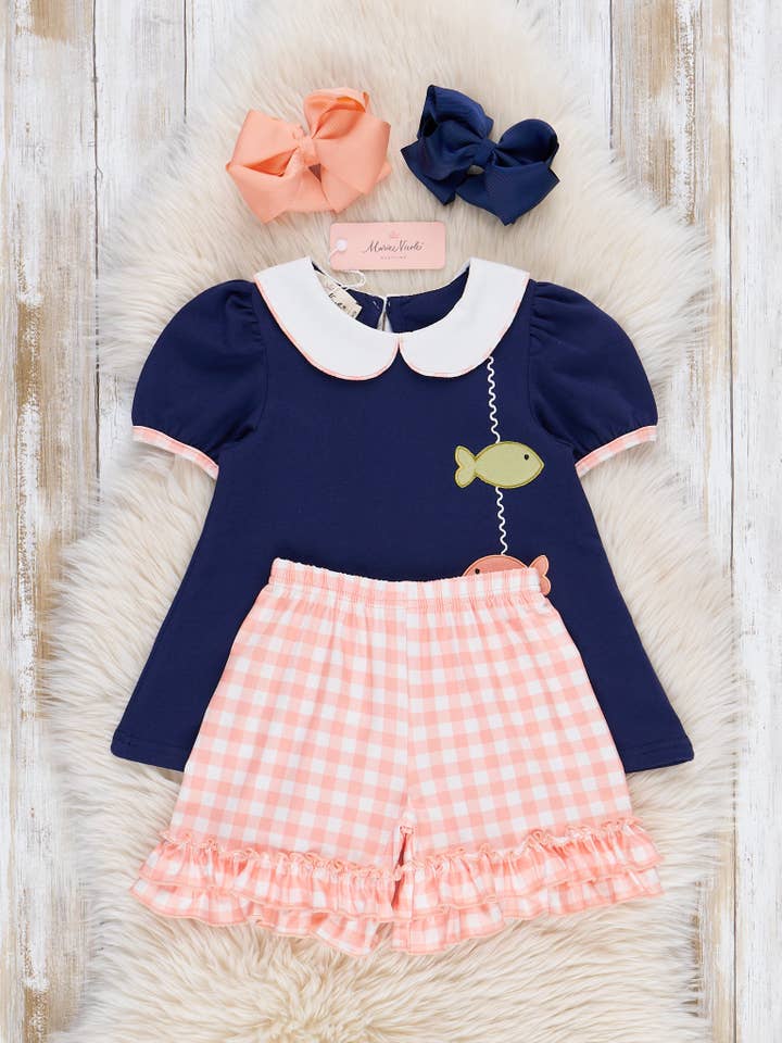 Marie Nicole Clothing - Wholesale Top & Short Set - Kids - Gingham Embroidered Fish Ruffle Outfit