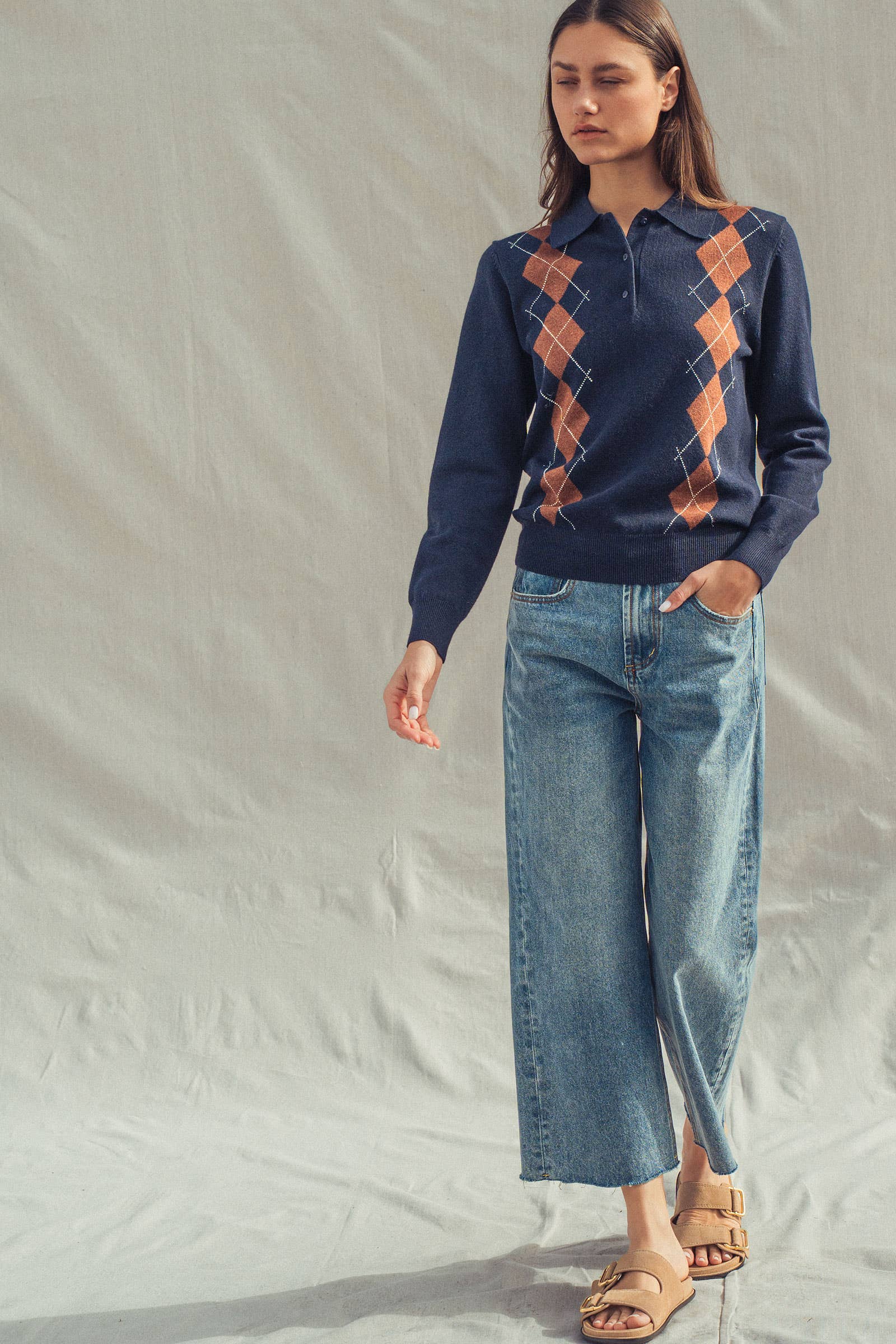 Urban Daizy - Vente Pull en maille – femme - Pull Polo Tricoté à Motif Argyle Classique10