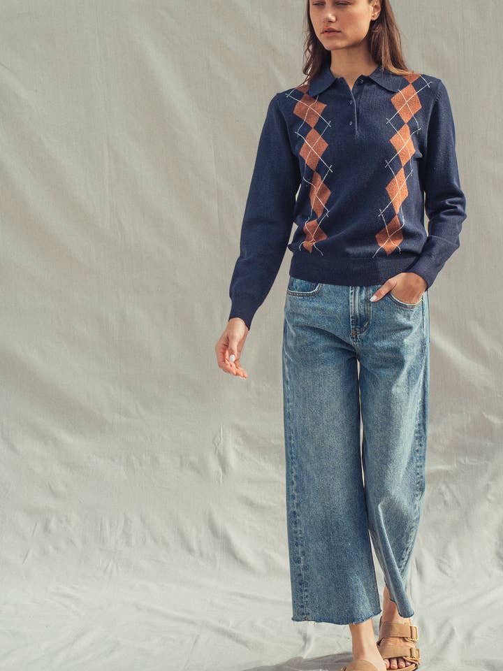 Urban Daizy - Vente Pull en maille – femme - Pull Polo Tricoté à Motif Argyle Classique10