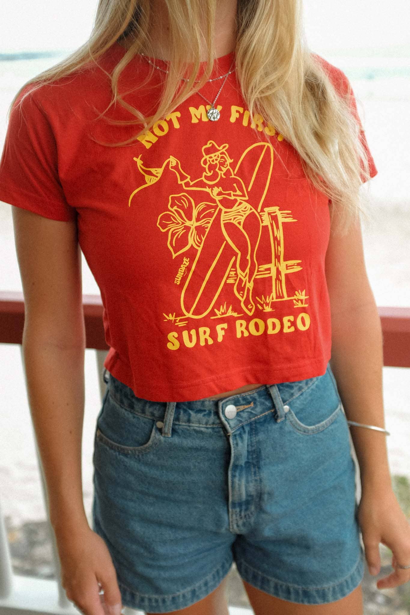 REMOVED BRAND - Wholesale Screen Printed T-Shirt - Women's - Surf Rodeo Baby Tee - Red5