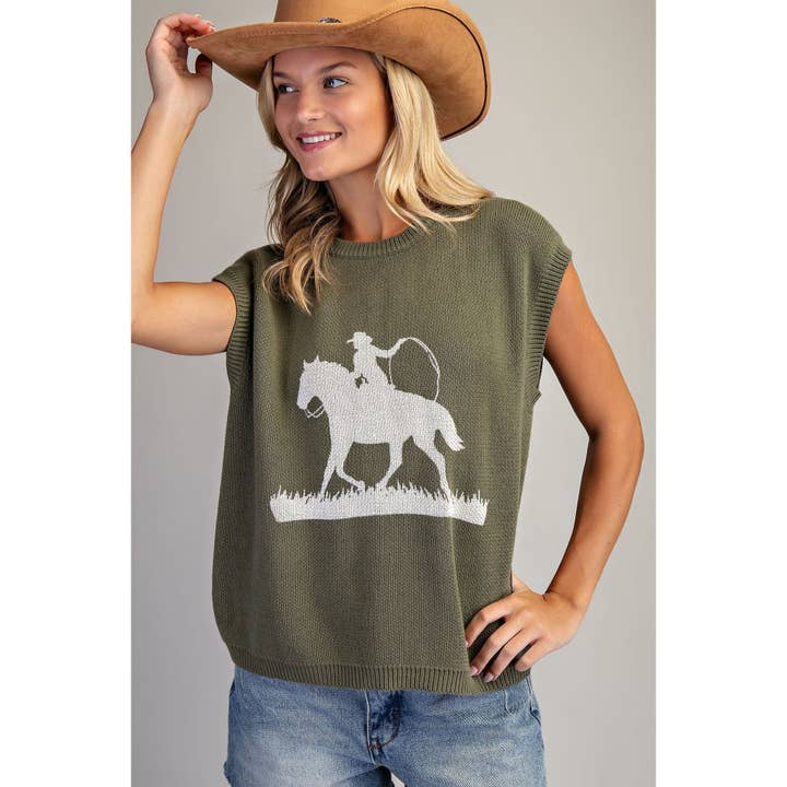 Western Graphic Cap Sleeve Sweater Top for wholesale by STYLE USA