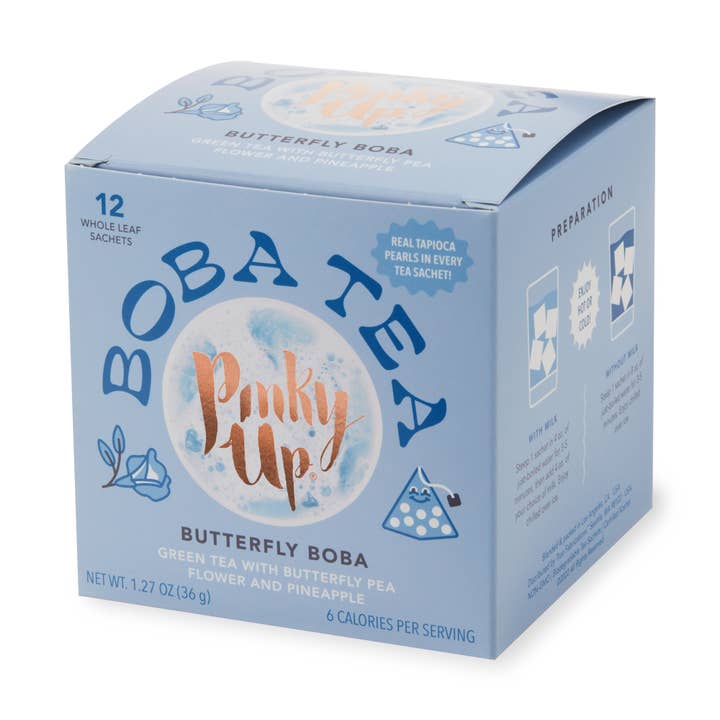 Boba Tea Butterfly Box of 12 Wrapped Pyramid Sachets for wholesale by Pinky Up
