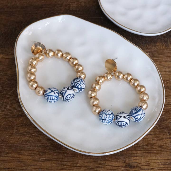 PennyLine inc - Wholesale Dangle Earrings - Chinoiserie Beaded Hoop Circle Drop Statement Earrings – Gold Tone