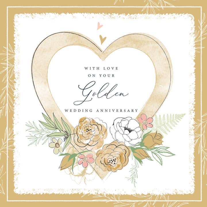 With love on your Golden Wedding Anniversary - gold heart for wholesale by Katie Phythian Design