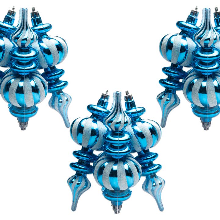 12 Pack Aqua and White Finial Ornament Set for wholesale by Winterland Inc.
