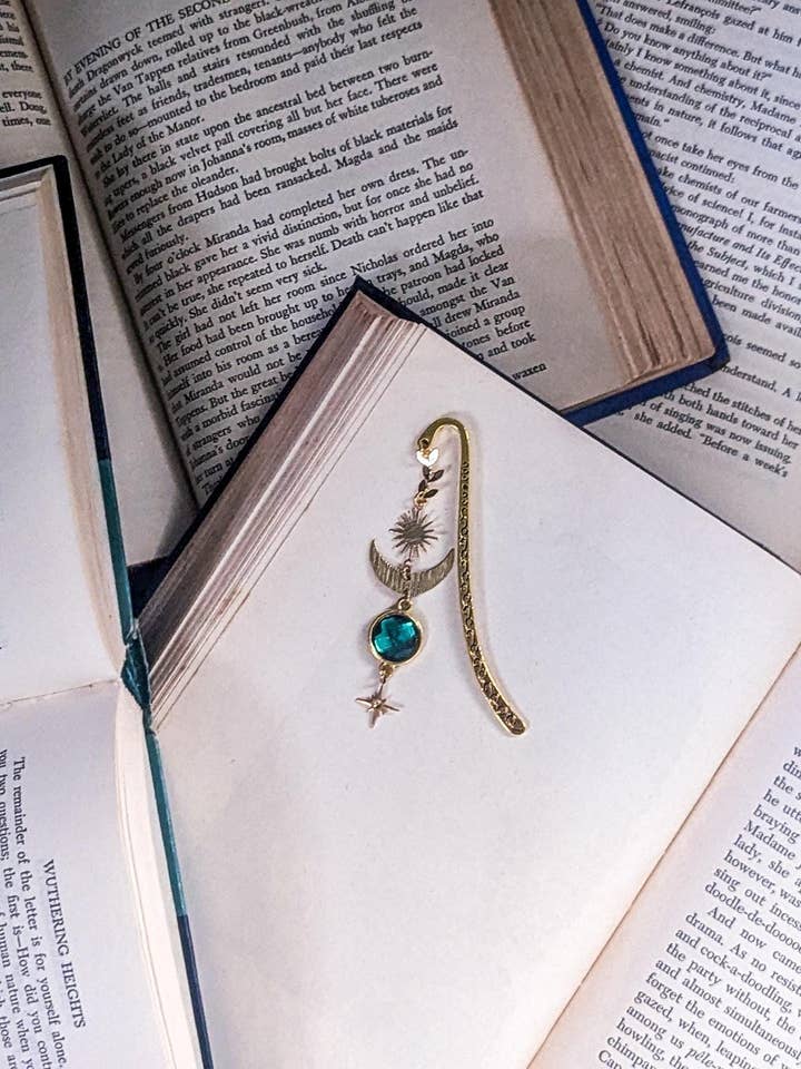 Celestial Gold Bookmark with Moon, Stars & Green Gem for wholesale by Bookish Trinkets
