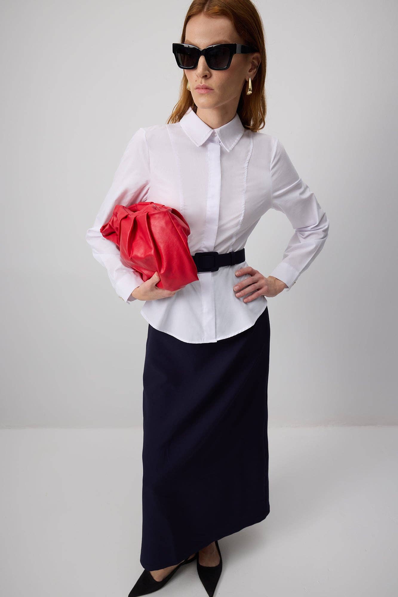 Navy Blue Belted White Poplin Shirt Dress with Pleated Hem  for wholesale on Faire0