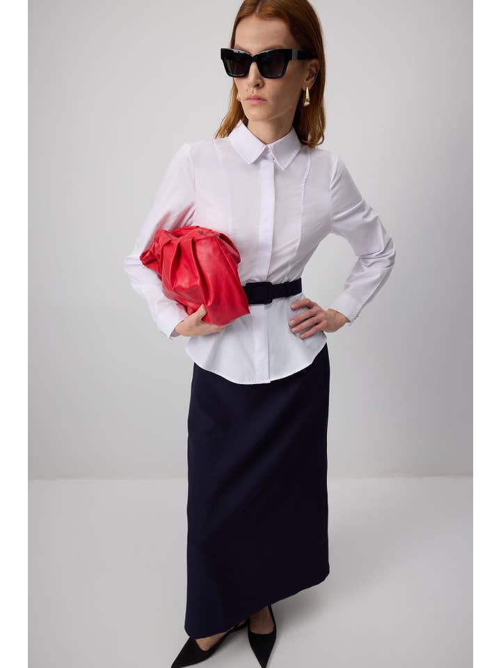 Navy Blue Belted White Poplin Shirt Dress with Pleated Hem for wholesale on Faire