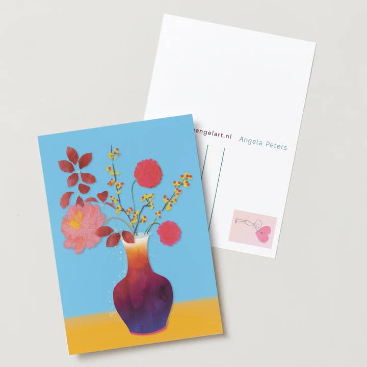 Flowers on colored vase greeting card for wholesale by Studio Angelart