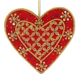 Håndlavede, broderede Zari jul- og valentinornamenter for engroshandel hos Silk Road Traders