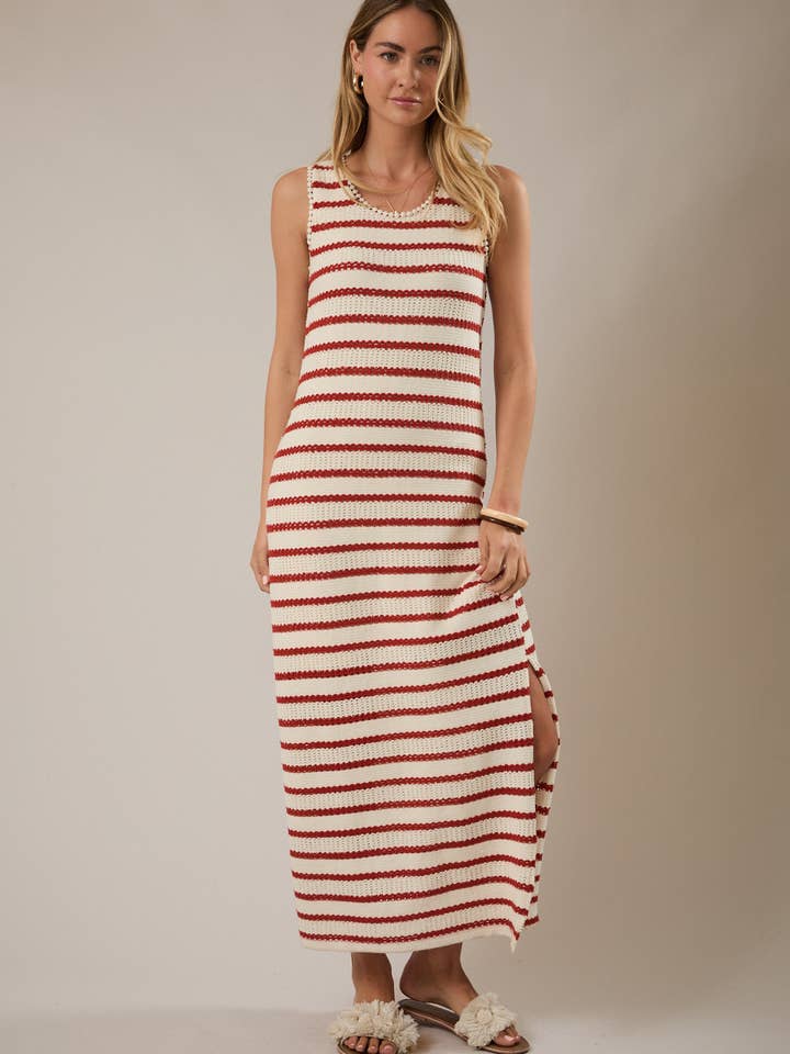 ROUND NECK SLEEVELESS SLIT STRIPE MAXI DRESS for wholesale by GILLI