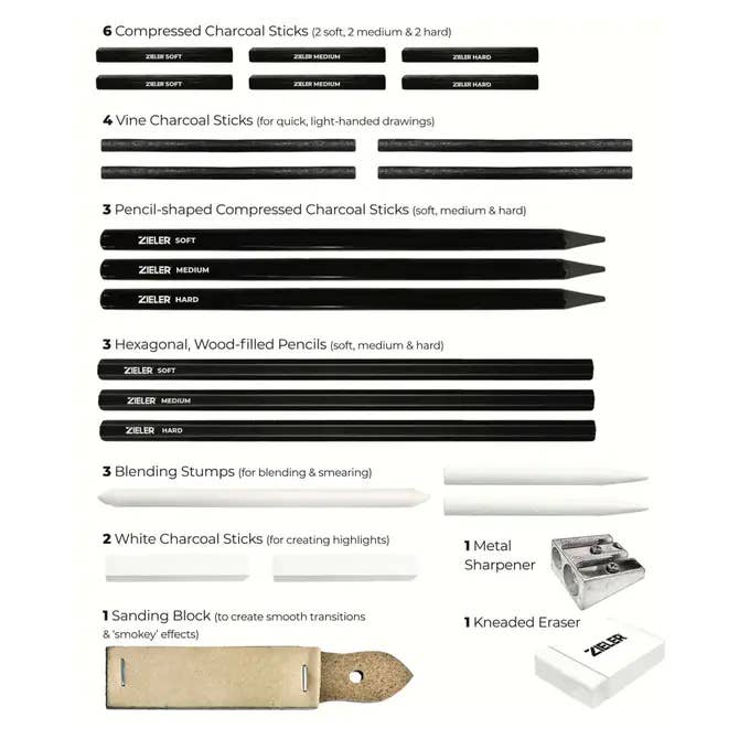 Zieler – Conjunto de arte - Crianças e bebés por atacado – Conjunto de Carvão para Desenho Artístico – Estojo Presente com 24 Peças1