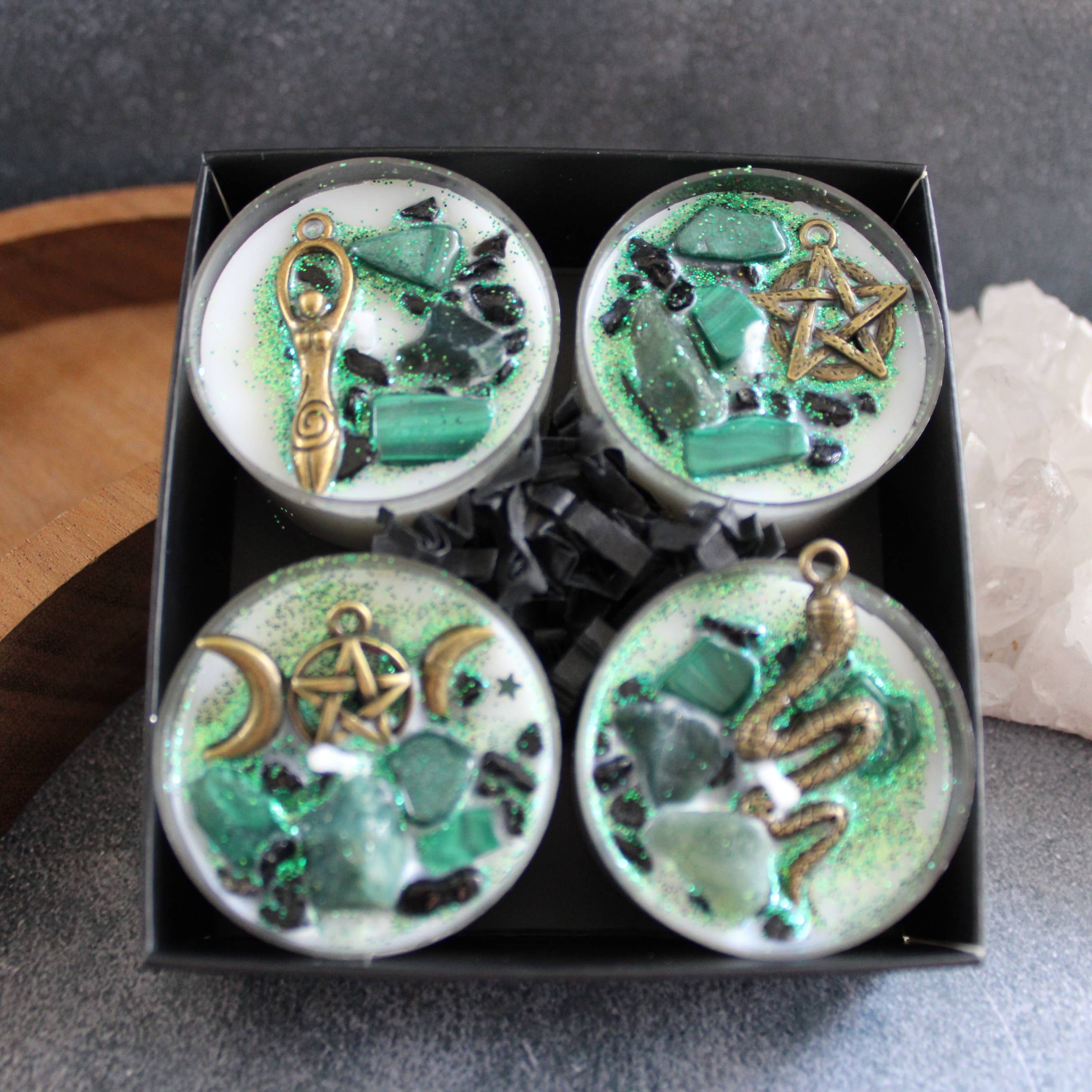 Moondust and Raven - Wholesale Tea Light Candles - Medusa Tealight Crystal Candles, Ritual Candles1