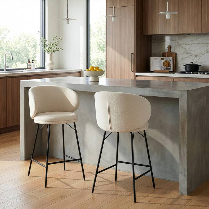 Set of 2 Baxter Boucle Fabric Counter Stools with Legs for wholesale by Glamour Home