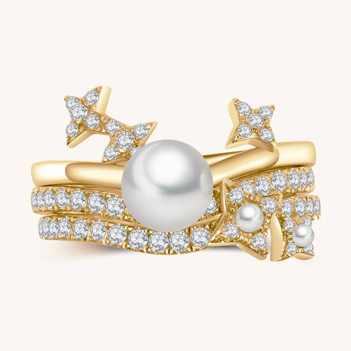 Anillos apilables de perlas de agua dulce y circonitas de meteoritos de noche estrellada en oro amarillo de 18 quilates para venta al por mayor de Luniverse London