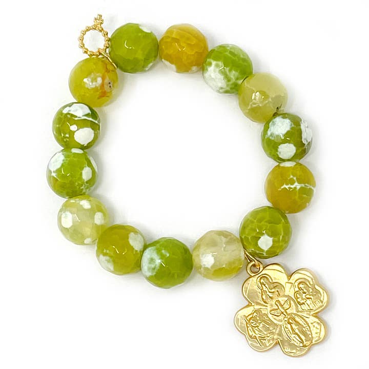 Faceted Lemon Lime Agate with Matte Gold Clover 4-Way Cross for wholesale by PowerBeads by jen