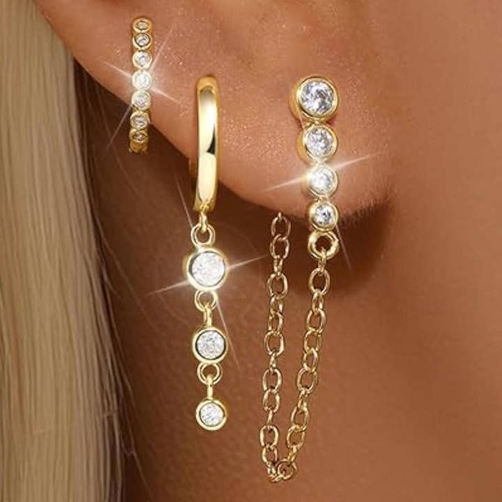 Gold Ear Stack Set – Dainty Hoop & Chain Earrings with CZ Gemstones | Ear Party, Ladies Pierced Jewelry for wholesale by Facetreasures Boutique