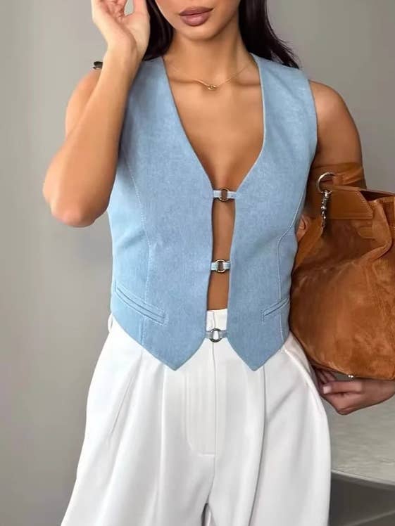 Versatile Vintage V-Neck Denim Vest Top for wholesale by Rosa Clothing