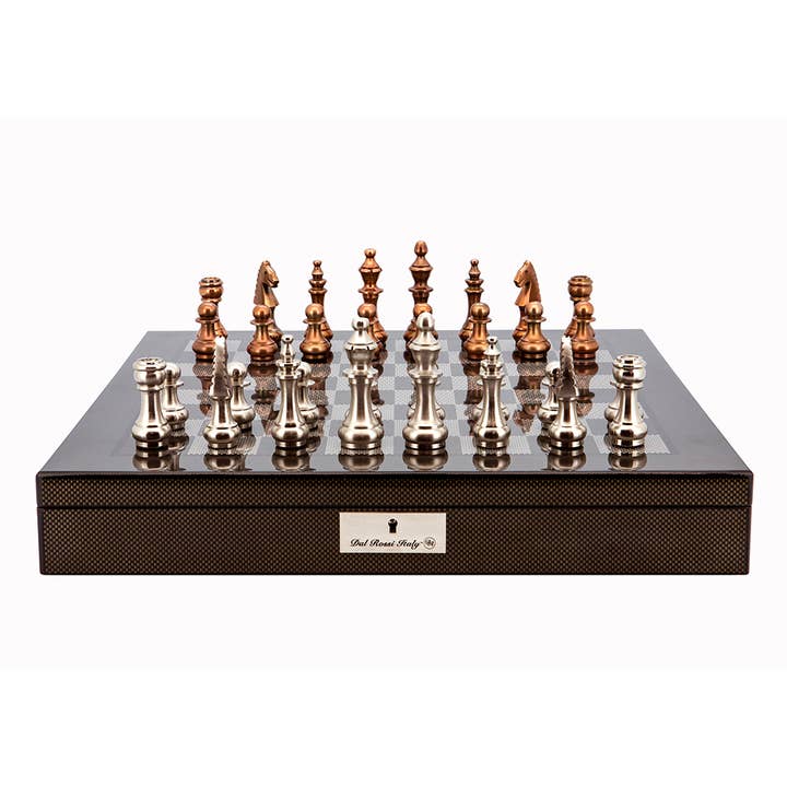Carbon Fibre Chess Set 20" with Copper & Silver Pieces 100mm for wholesale by Dal Rossi Italy