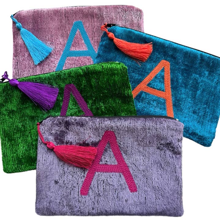 AYCA DESIGN - Wholesale Pouch - Women's - Silk Velvet Ikat Monogrammed Small PouchÂ